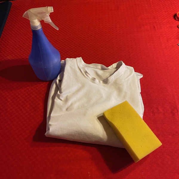 En T-shirt, sprayflaska och tvättsvamp.